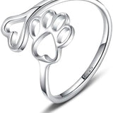 Anillo de plata ajustable con forma de corazón y huella de pata, hecho a mano