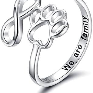 Anillo de plata ajustable con forma de corazón y huella de pata, hecho a mano