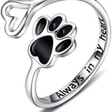 Anillo de plata ajustable con forma de corazón y huella de pata, hecho a mano