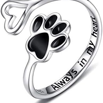 Anillo de plata ajustable con forma de corazón y huella de pata, hecho a mano