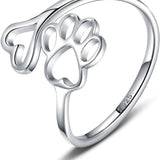 Anillo de plata ajustable con forma de corazón y huella de pata, hecho a mano