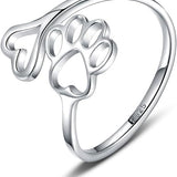 Anillo de plata ajustable con forma de corazón y huella de pata, hecho a mano