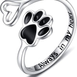 Anillo de plata ajustable con forma de corazón y huella de pata, hecho a mano