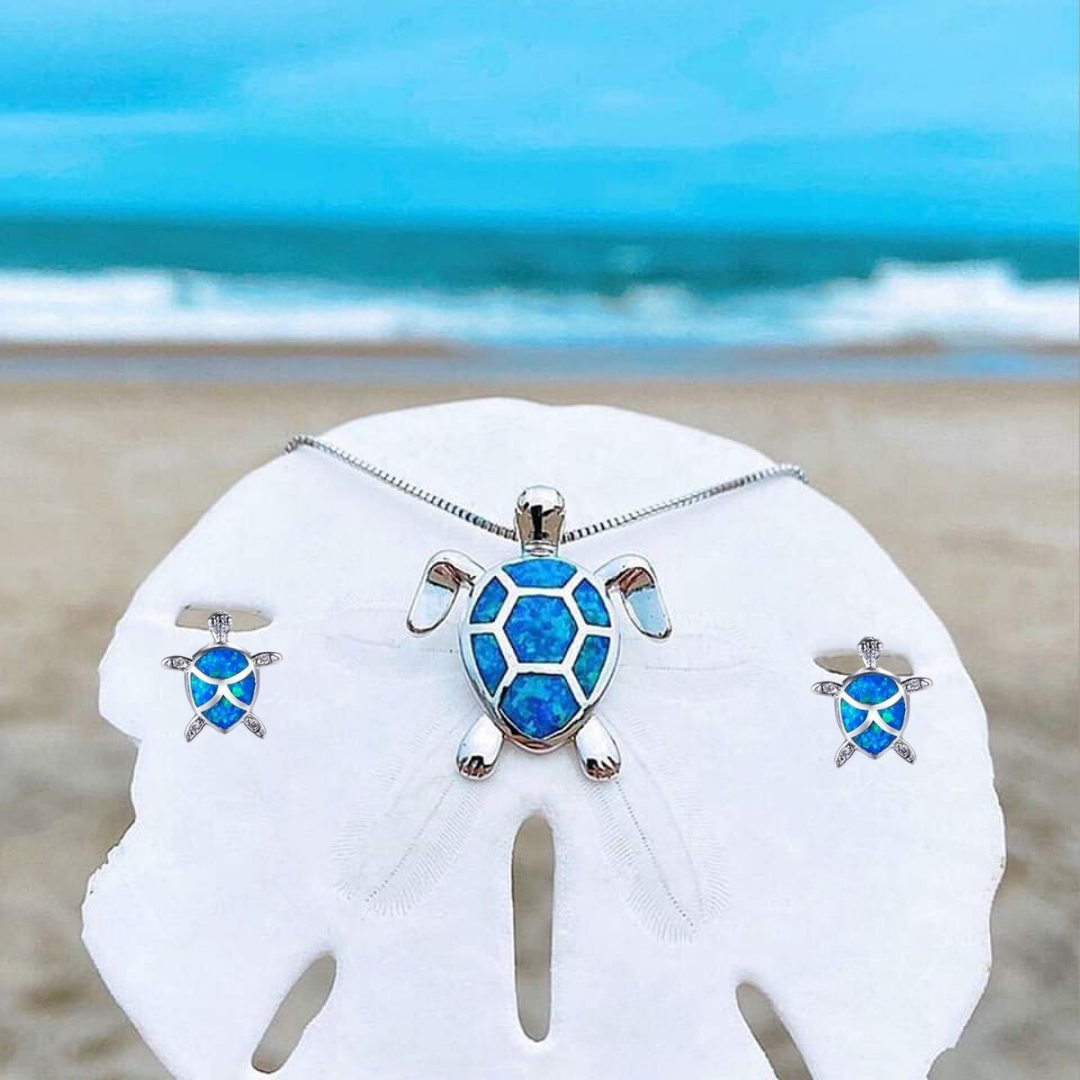 Conjunto de tortuga marina: collar y pendientes de plata con ópalo