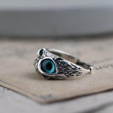 Anillo de búho de la suerte ajustable, de plata con ópalo