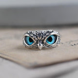 Anillo de búho de la suerte ajustable, de plata con ópalo