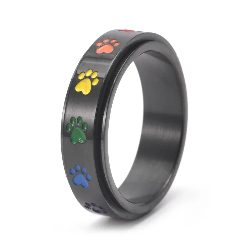 Anillo antiestrés giratorio con patitas – Anillo de acero inoxidable con colores del arcoíris