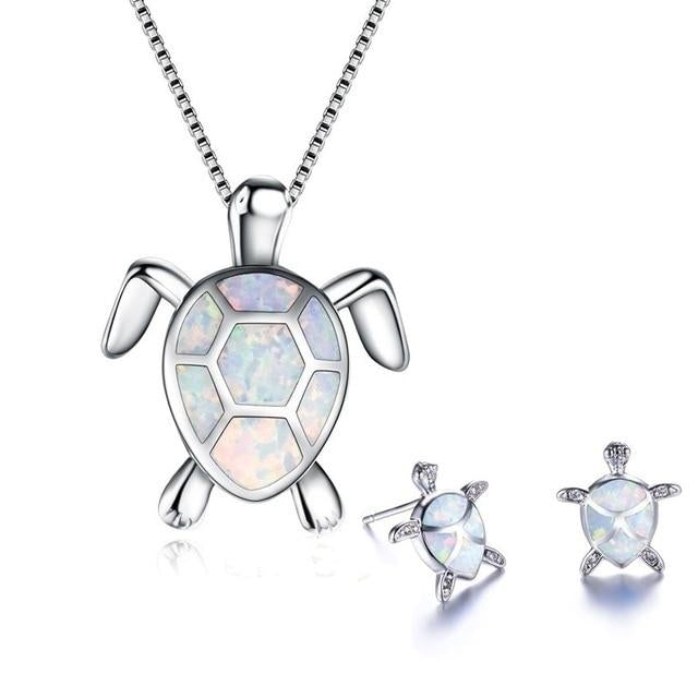 Conjunto de tortuga marina: collar y pendientes de plata con ópalo