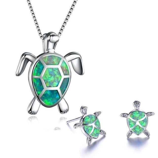Conjunto de tortuga marina: collar y pendientes de plata con ópalo