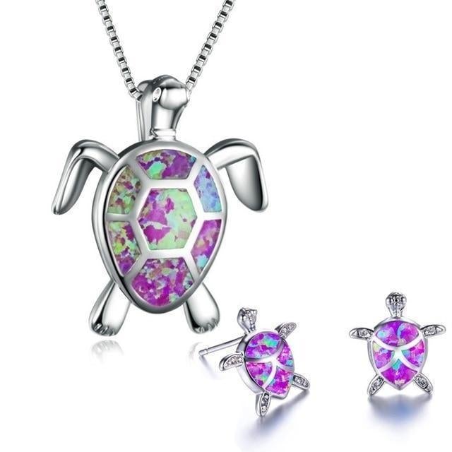 Conjunto de tortuga marina: collar y pendientes de plata con ópalo