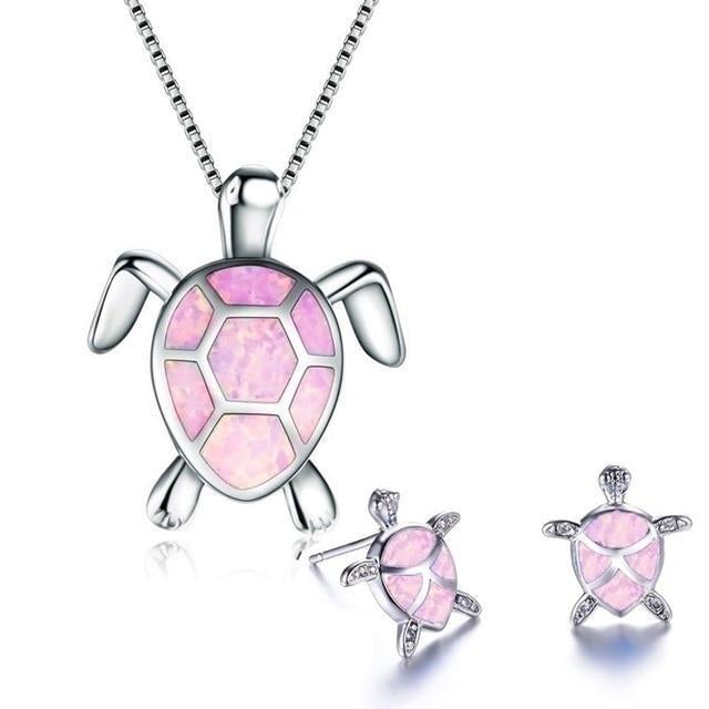 Conjunto de tortuga marina: collar y pendientes de plata con ópalo